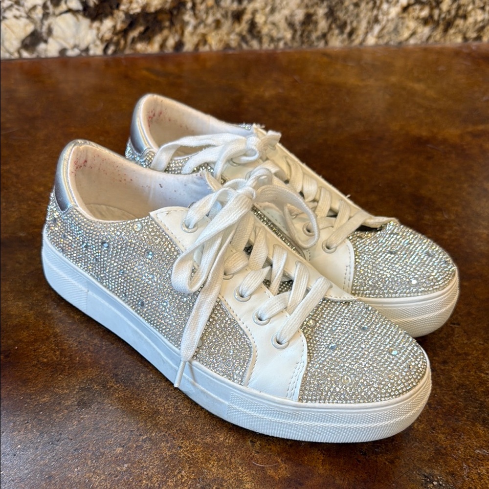 Soda Silver and White Glitter Sneakers Casual Athletic Style